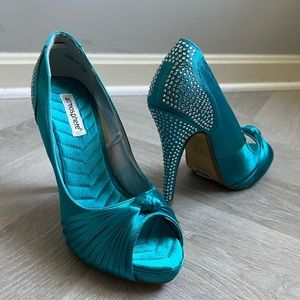 Turquoise Peep Toe Rhinestones Platform High Heel Satin Dress Shoes Size 7.5